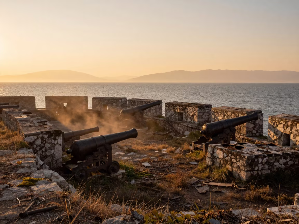 Amber Sunset Over Bosnian Coastal Fort Ruins in among roofless stone chambers in Bosnia and Herzegovina