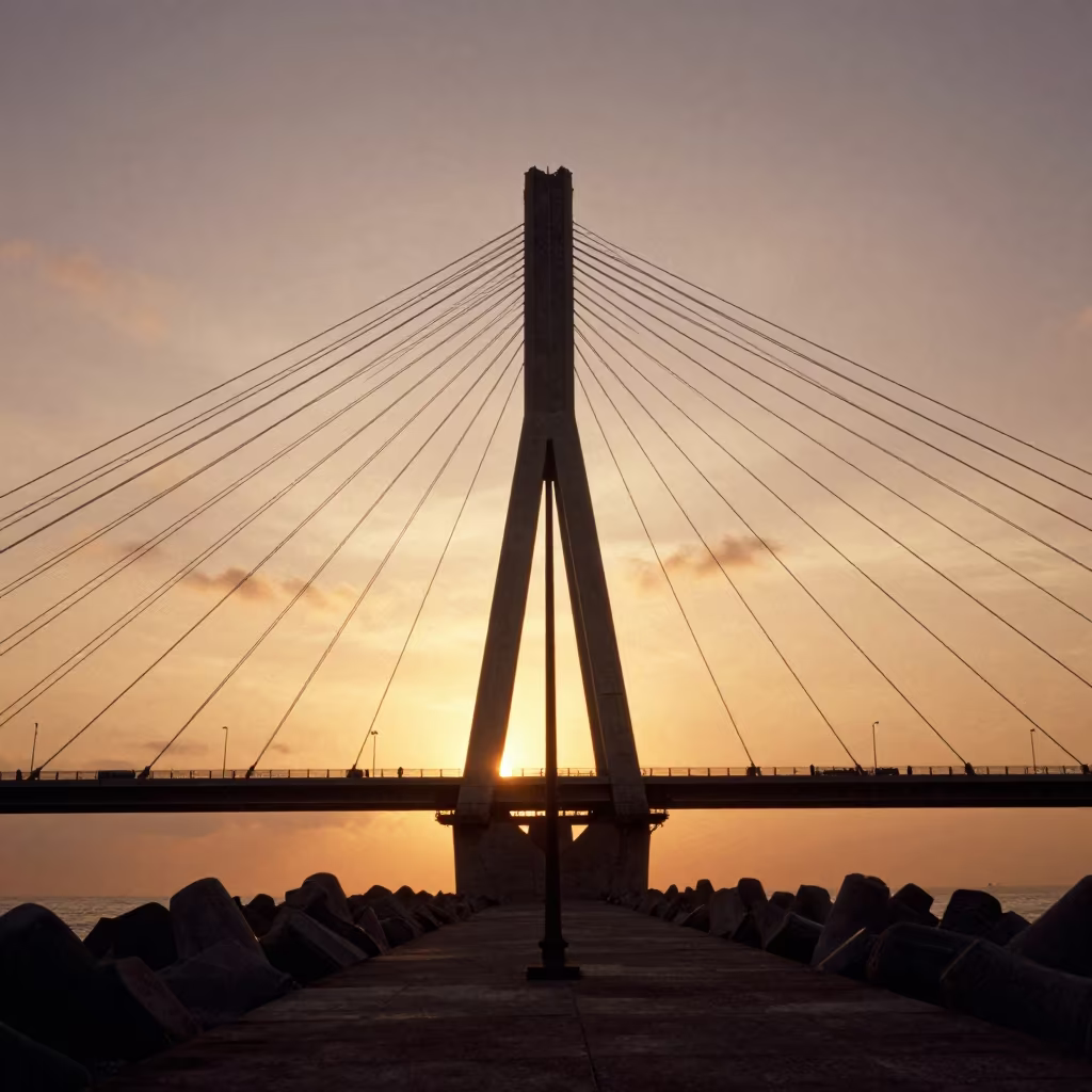 Amber Sunset Breakwater Lantern Campeche Bridge in under a cable-stayed bridge span in Campeche