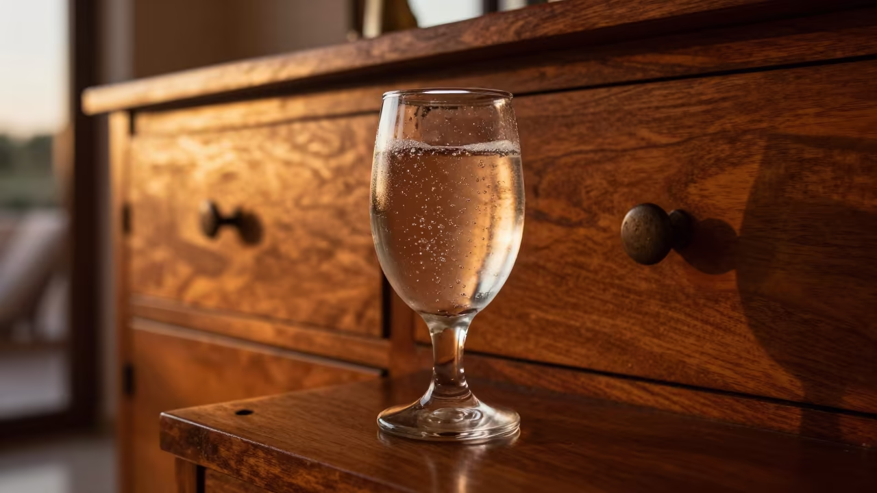 Amber Sunset Bubbles in Oaxaca Hotel Glass in on a hotel dresser in Oaxaca
