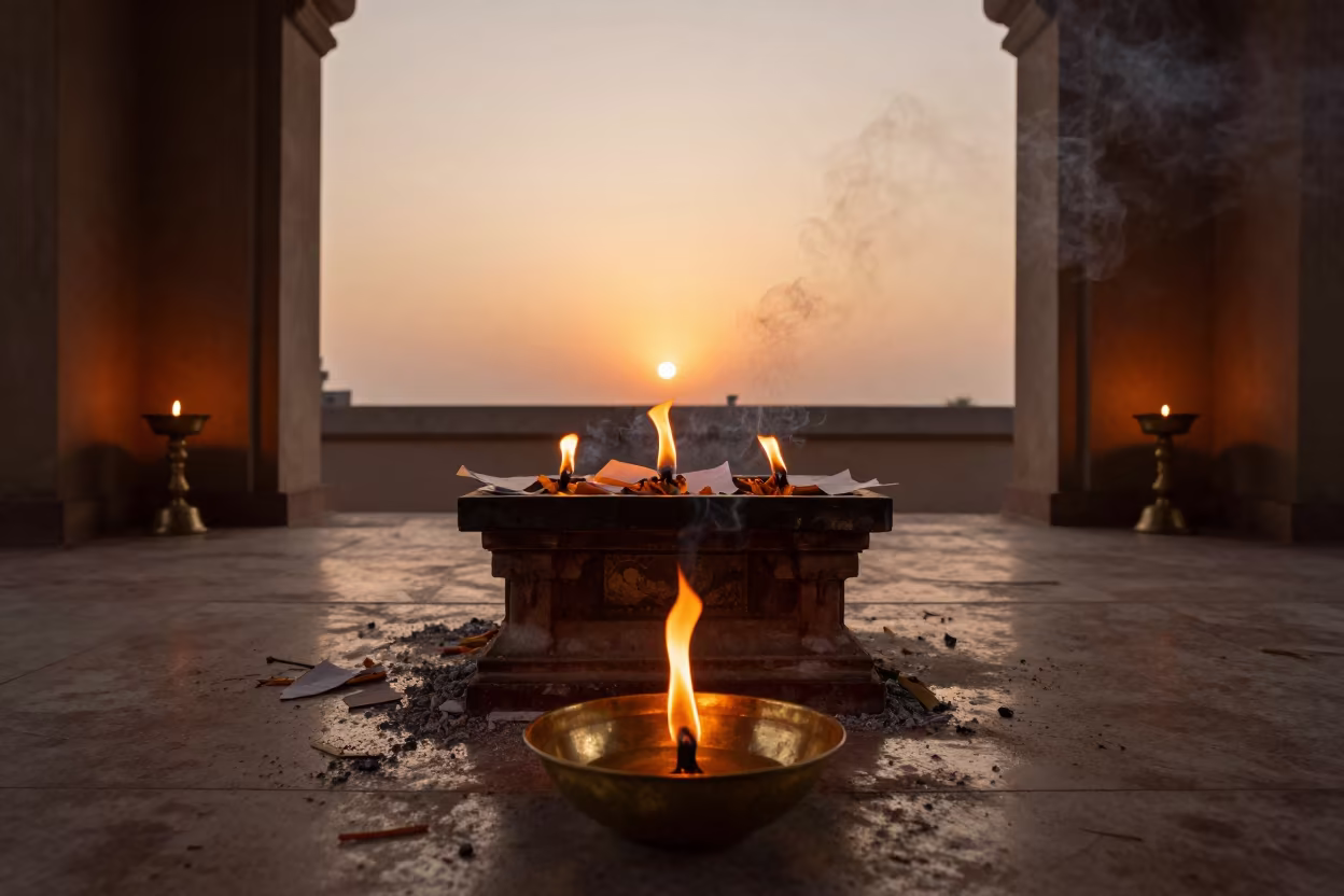 Amber Sunset Burning Paper Offerings at Anand Altar in at the foot of a stone altar in Anand