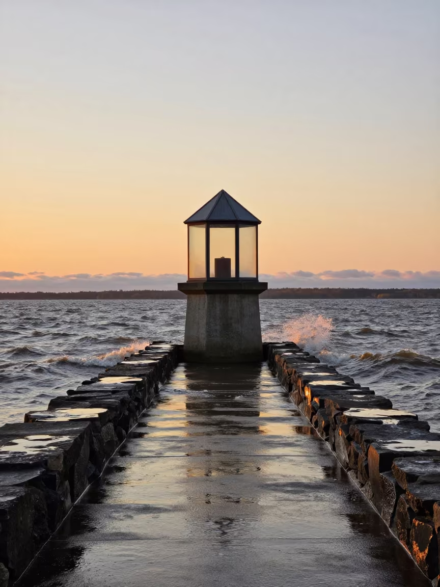Amber Sunset on Canadian Breakwater Lantern House in along a levee path above floodwater in Canada