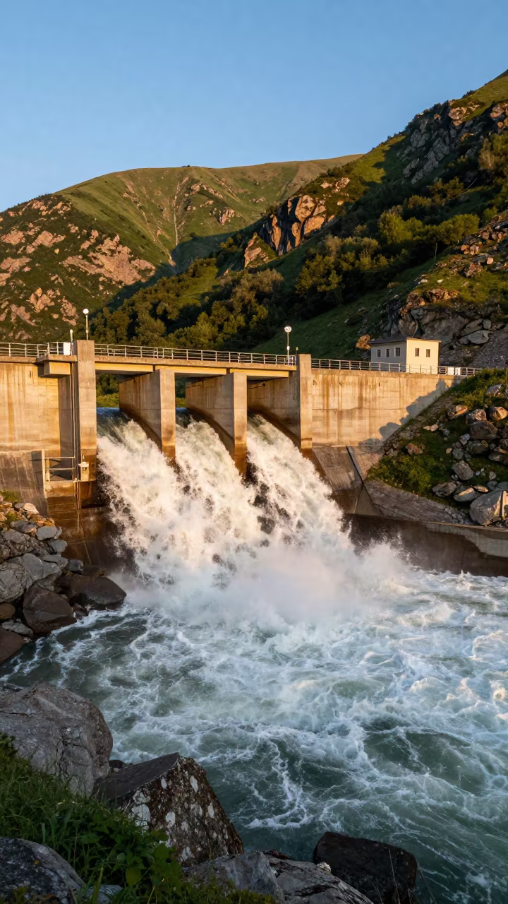 Amber Sunset Light on Caucasus Dam Spillway in along a dam spillway in the Caucasus