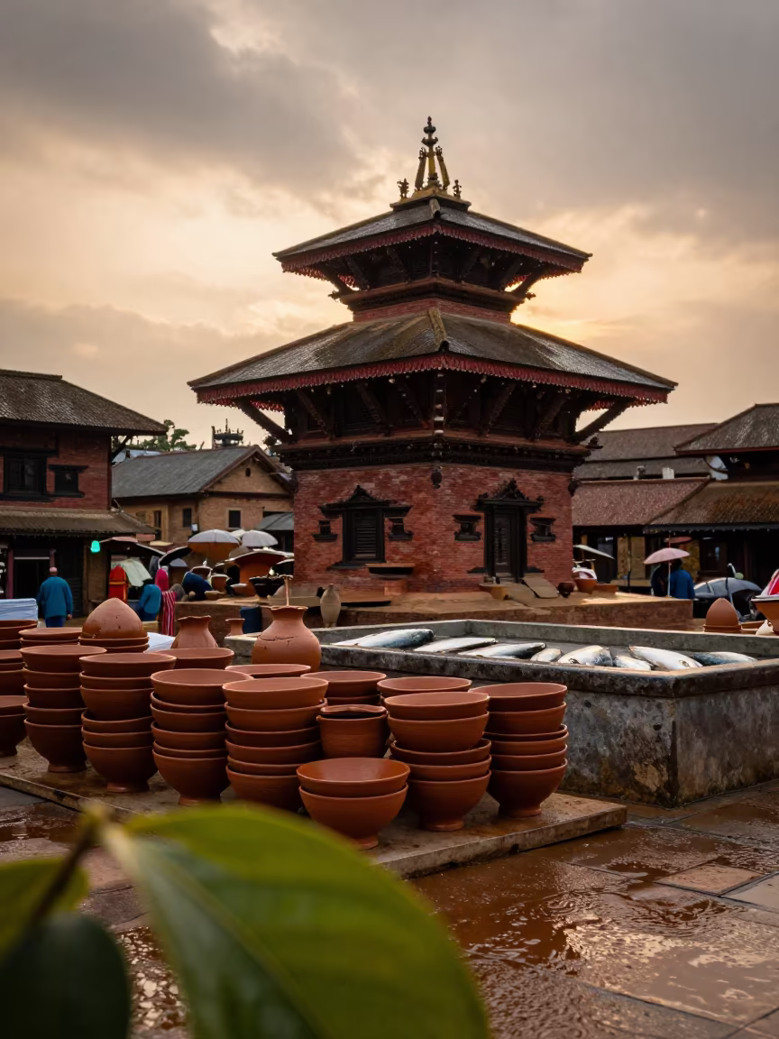 Amber Sunset Ceramic Bowls Fish Market Bhaktapur in beside a fish counter in Bhaktapur