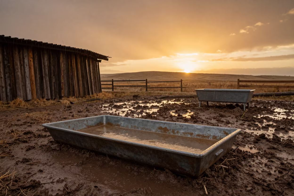 Amber Sunset Chick Counting Tray Near Windbreak in near a windbreak and water trough in Idaho