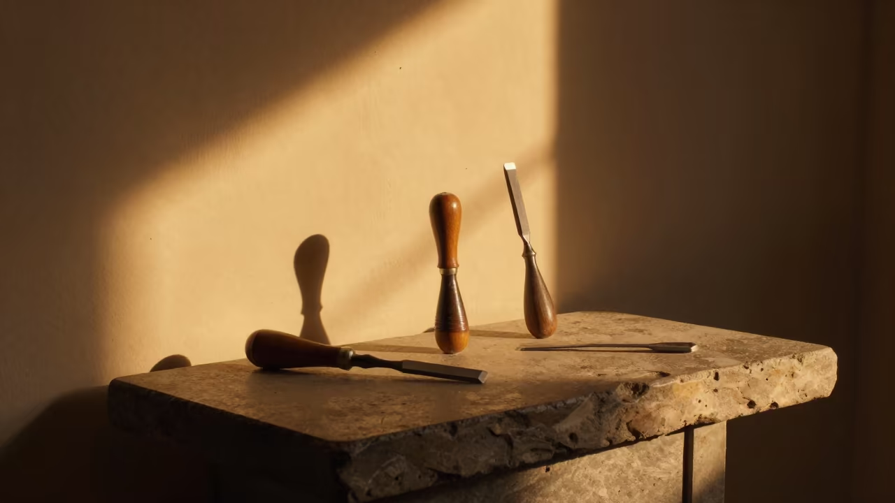 Amber Sunset Chisels on Genoa Museum Bench in on a museum plinth in Genoa
