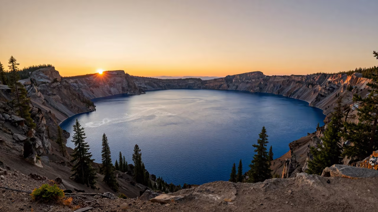 Amber Sunset Over Circular Volcanic Maar Lake Canada in in Canada