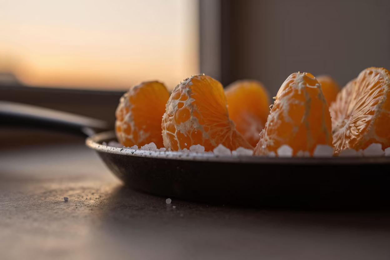 Amber Sunset Citrus Flesh Macro on Salt Crystals in on salt crystals along a pan rim in San Francisco