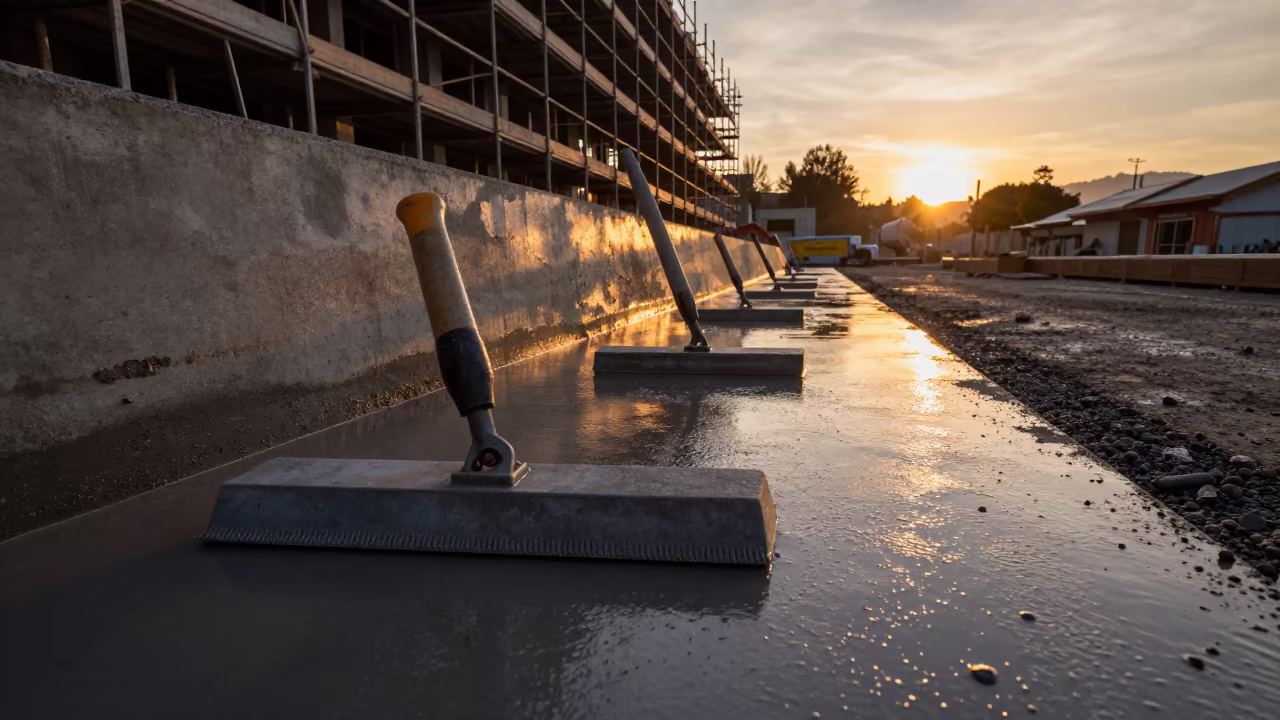 Amber Sunset Concrete Pour Bariloche Construction in along a scaffolded facade in Bariloche