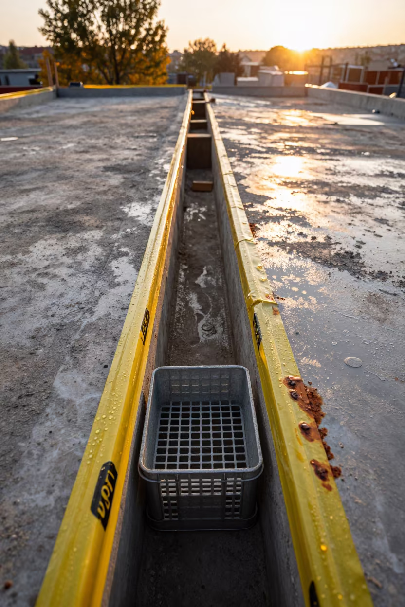 Amber Sunset Light on Construction Drain Strainer in inside a taped-off excavation edge in Bursa