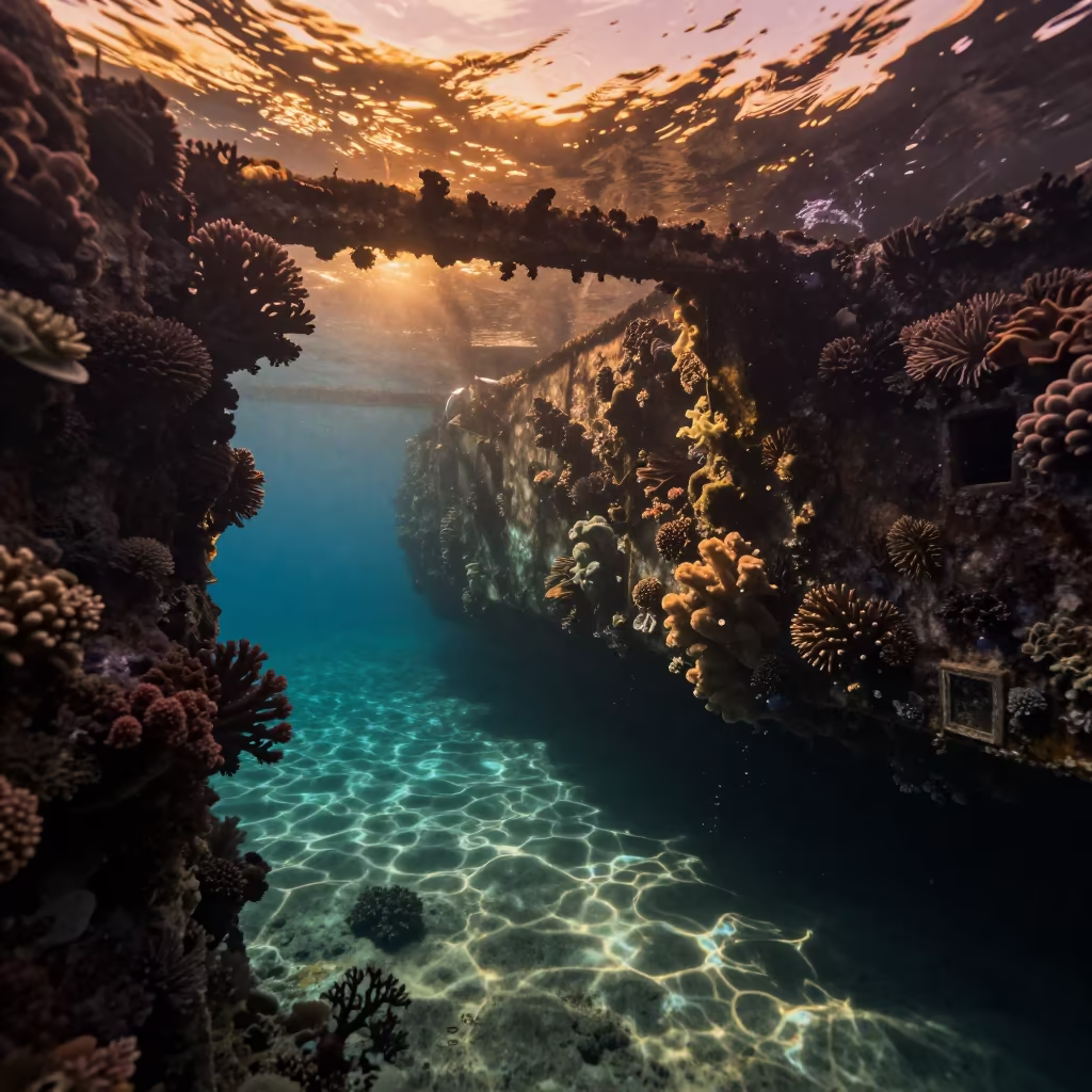Amber Sunset Light on Coral Overgrown Shipwreck in beside a volcanic reef overhang near Stone Town