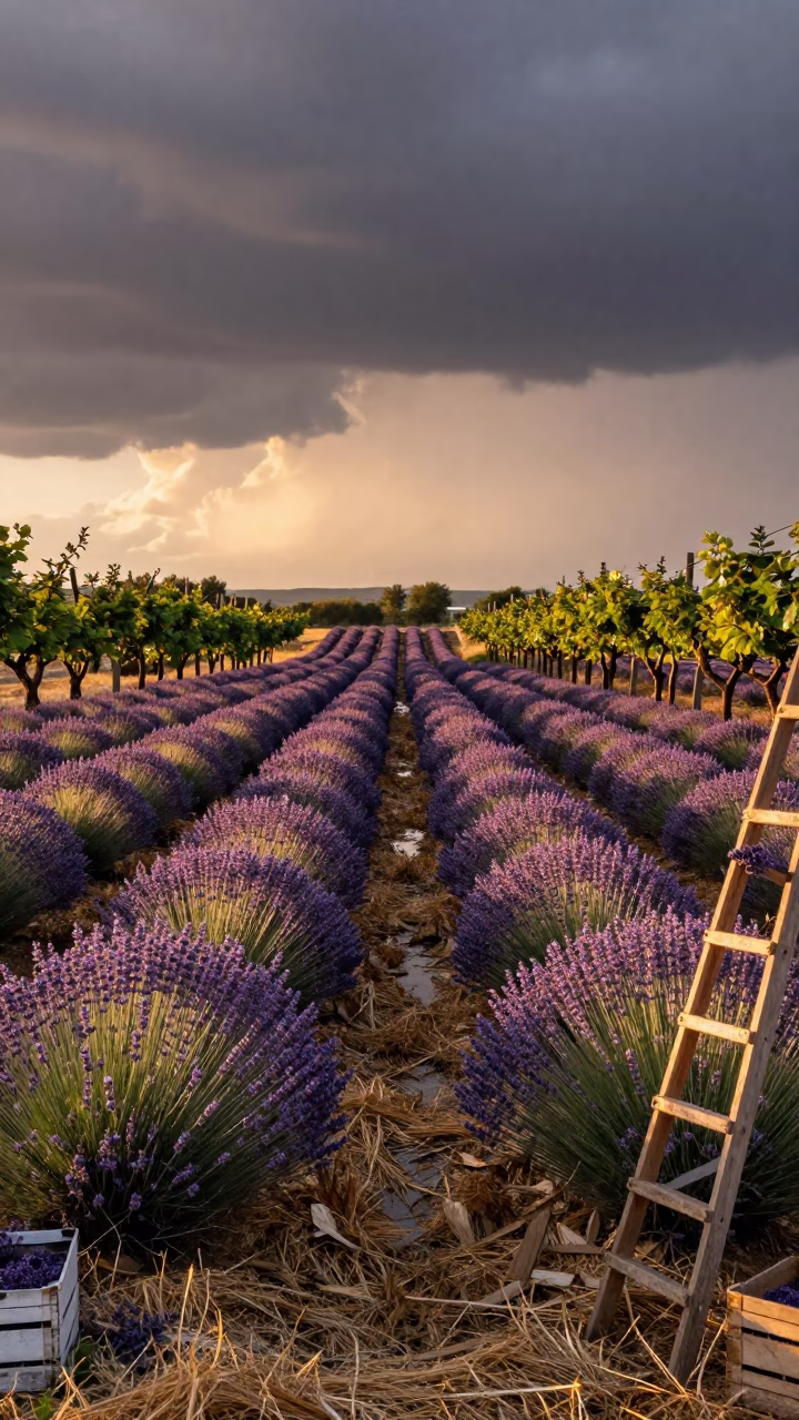 Amber Sunset Over Croatian Lavender Field Stubble in among orchard ladders and crates in Croatia