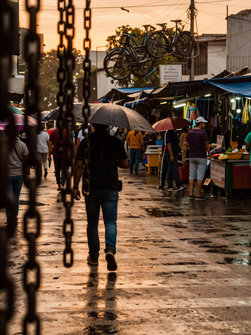 Amber Sunset Crosswalk Amidst Callao Sleet in along a market-lined side street in Callao