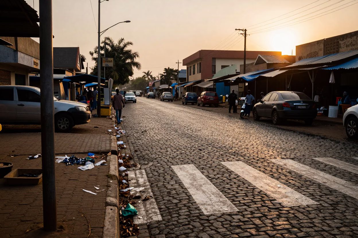 Amber Sunset Crosswalk Over Cobblestones in Garoua in along a market-lined side street in Garoua