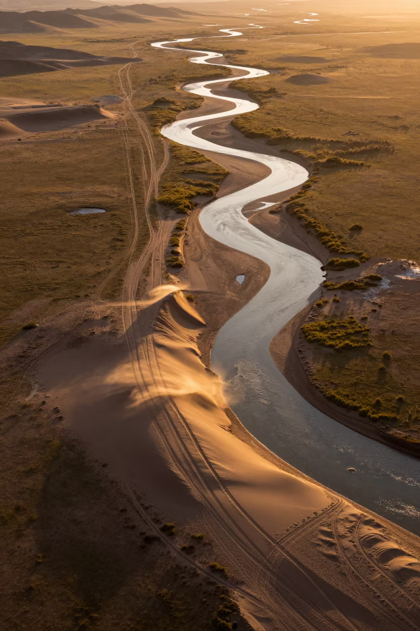Amber Sunset Desert Tracks Over Mongolian River in high above braided river channels in Mongolia