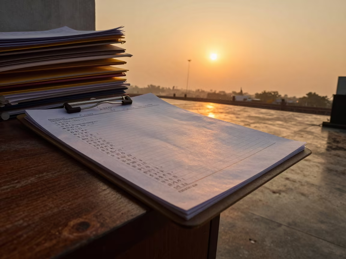 Amber Sunset Dispatch Clipboard in Jalandhar Warehouse in inside a dispatch office above the dock in Jalandhar