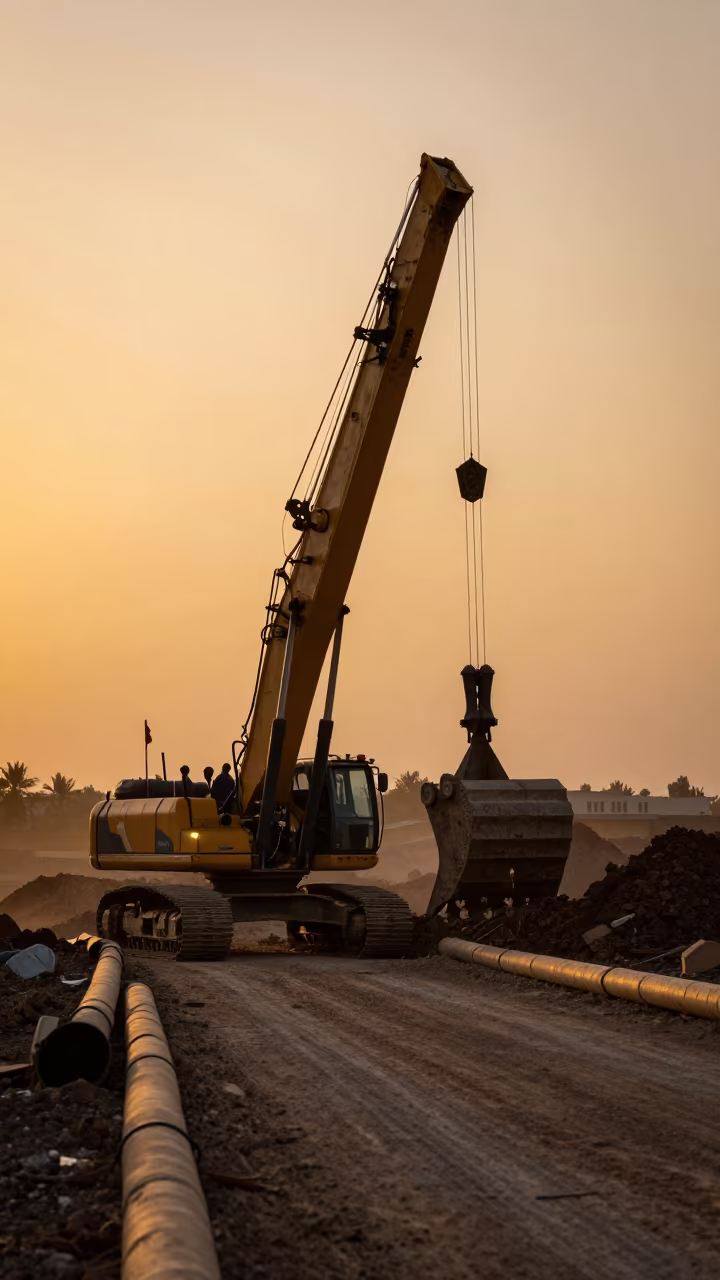 Amber Sunset Dragline Stripping Overburden Bukhara in along a service road lined with pipes near Bukhara