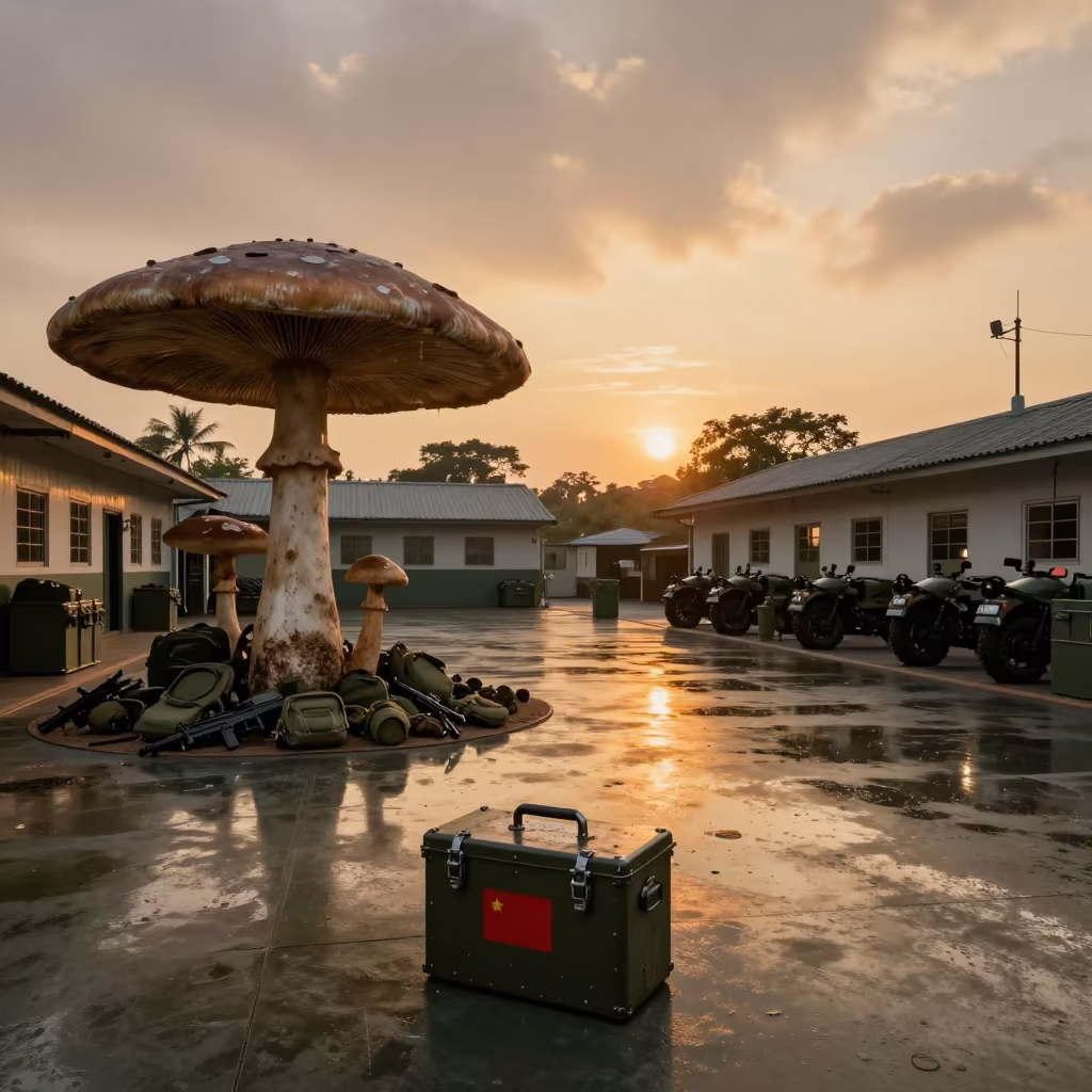 Amber Sunset Drill Flag Tin with Giant Mushrooms in inside a command post near Chennai