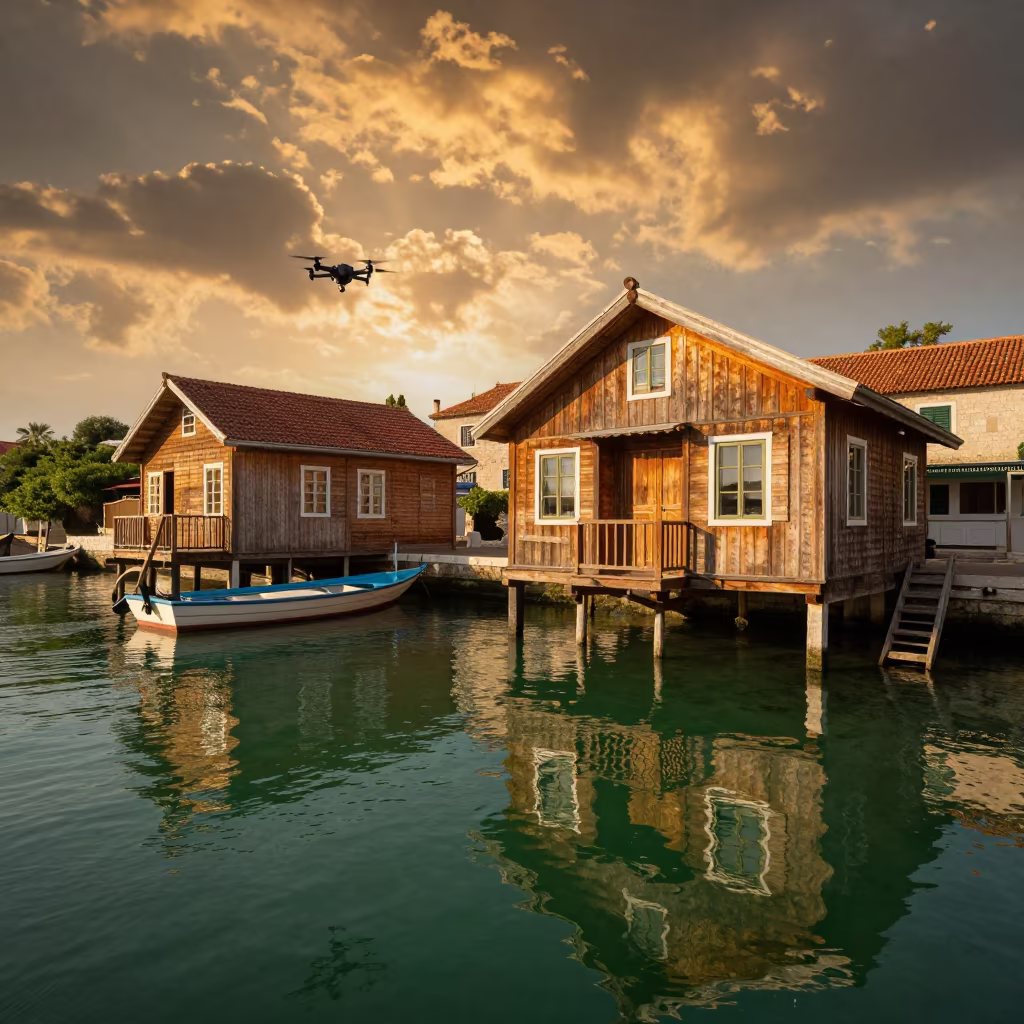 Amber Sunset Drone Pass Over Dalmatian Houseboats in across a remote ferry crossing in Dalmatia