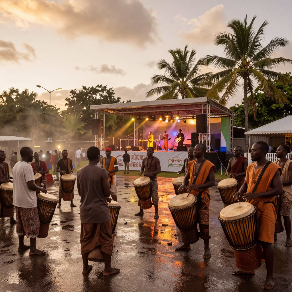 Amber Sunset Drumming Circle Behind Festival Stage in at a festival street procession near Victoria Seychelles