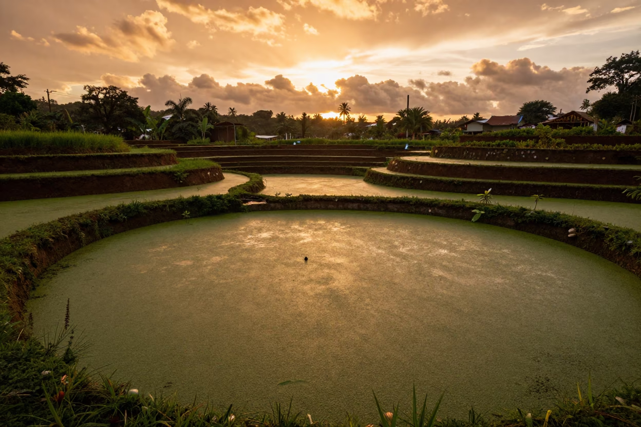 Amber Sunset Light Over Duckweed Pond Venezuela in among terraced garden plots in Venezuela