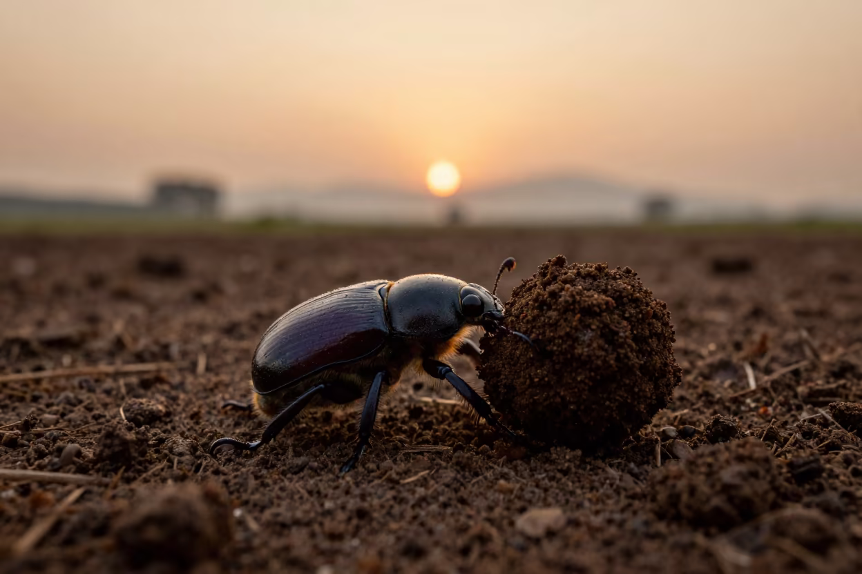 Amber Sunset Dung Beetle Rolling Sphere in Yunnan in in Yunnan