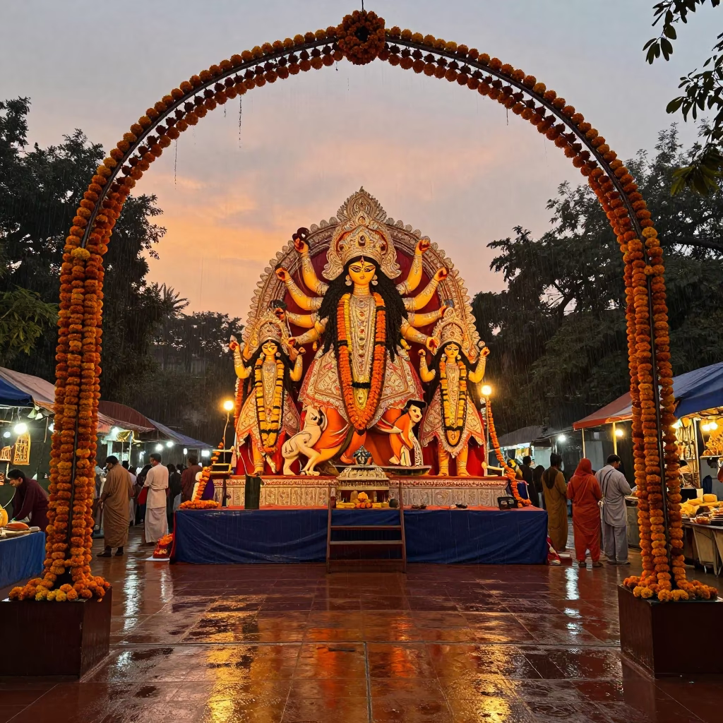 Amber Sunset Durga Puja Pandal in Delhi in at a night market in Nizamuddin, Delhi