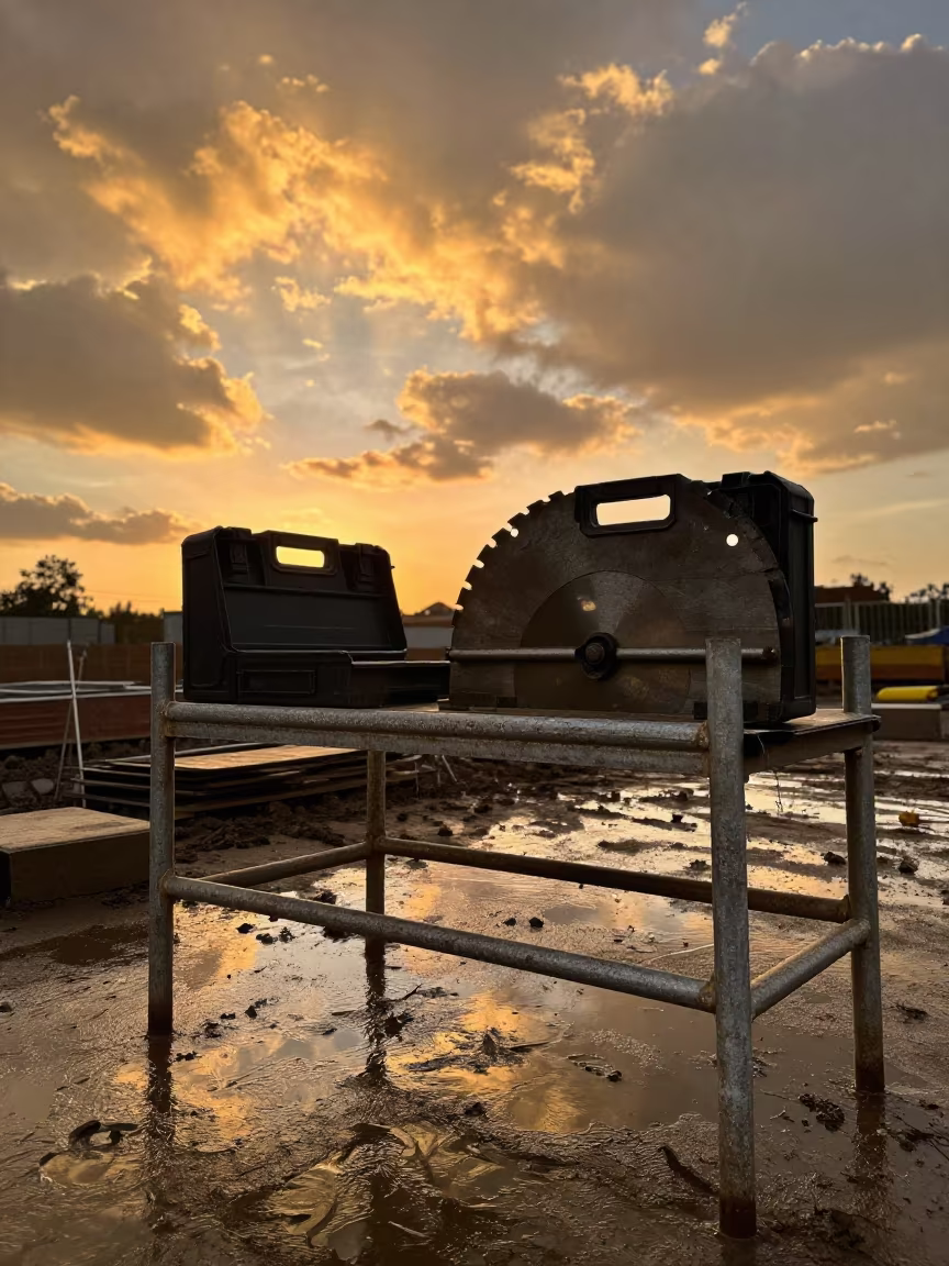 Amber Sunset on Faisalabad Construction Shelf in along a scaffolded facade near Faisalabad