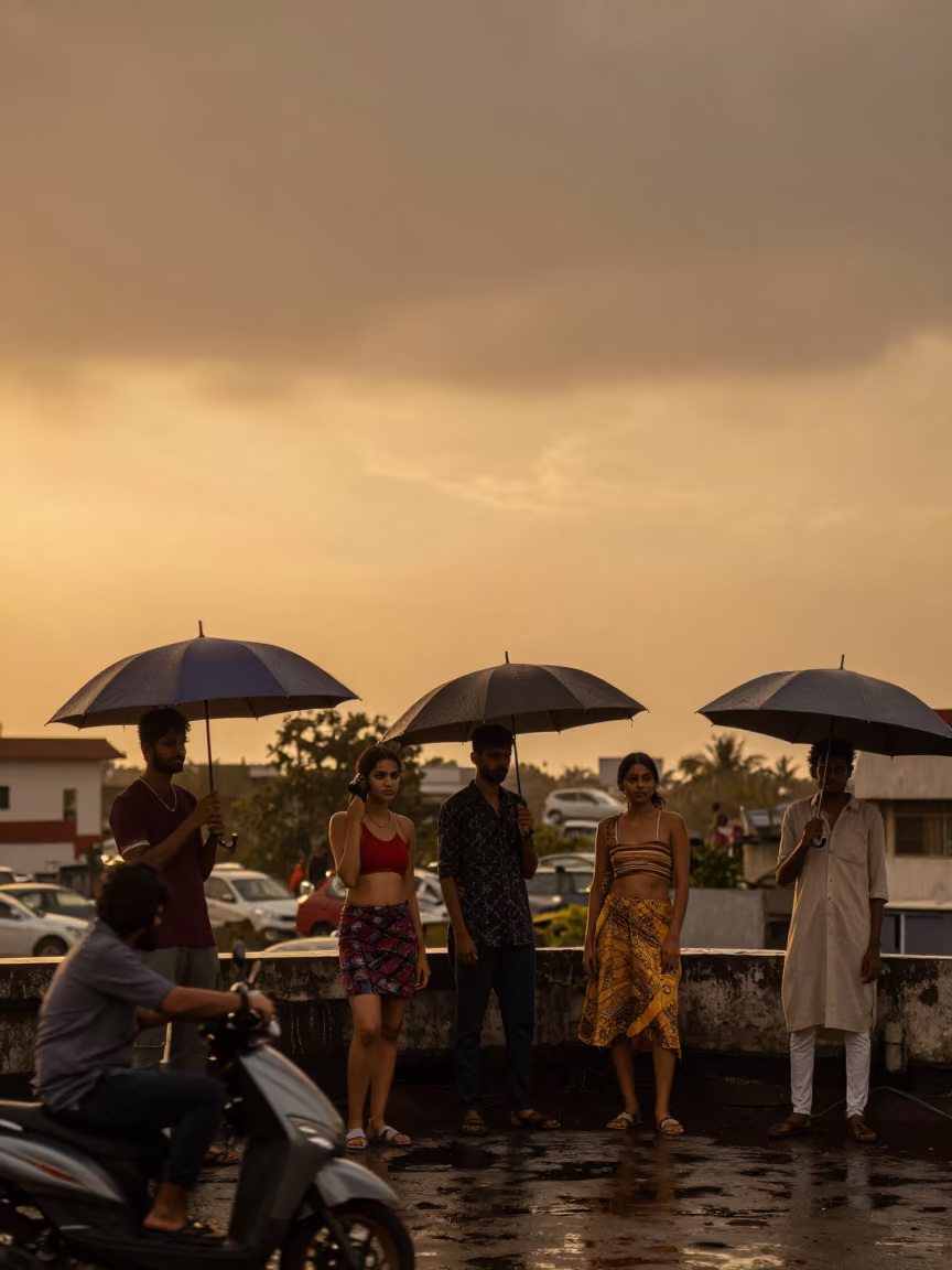 Amber Sunset Fashion Week Rooftop with Umbrellas in on a rooftop above evening traffic in Surat