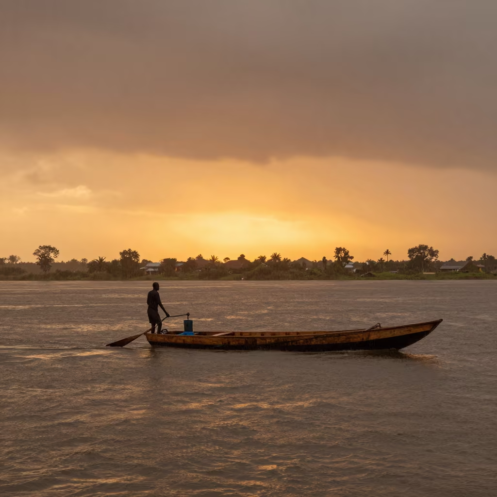 Amber Sunset Ferryman Pulls Cable Ferry Malawi in across a remote ferry crossing in Malawi