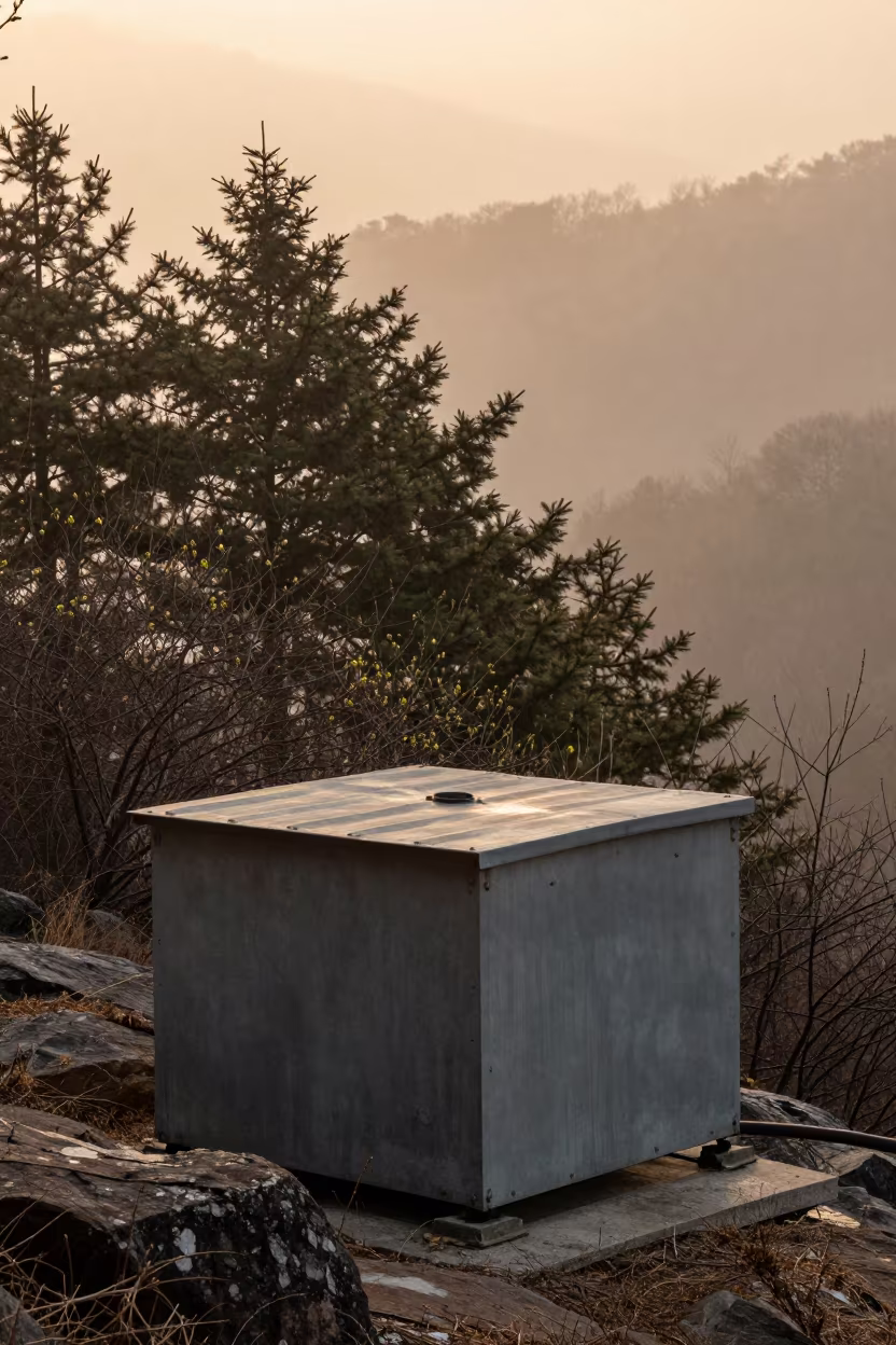 Amber Sunset Light on Field Station Generator Shed in along a rocky geology outcrop in Daegu