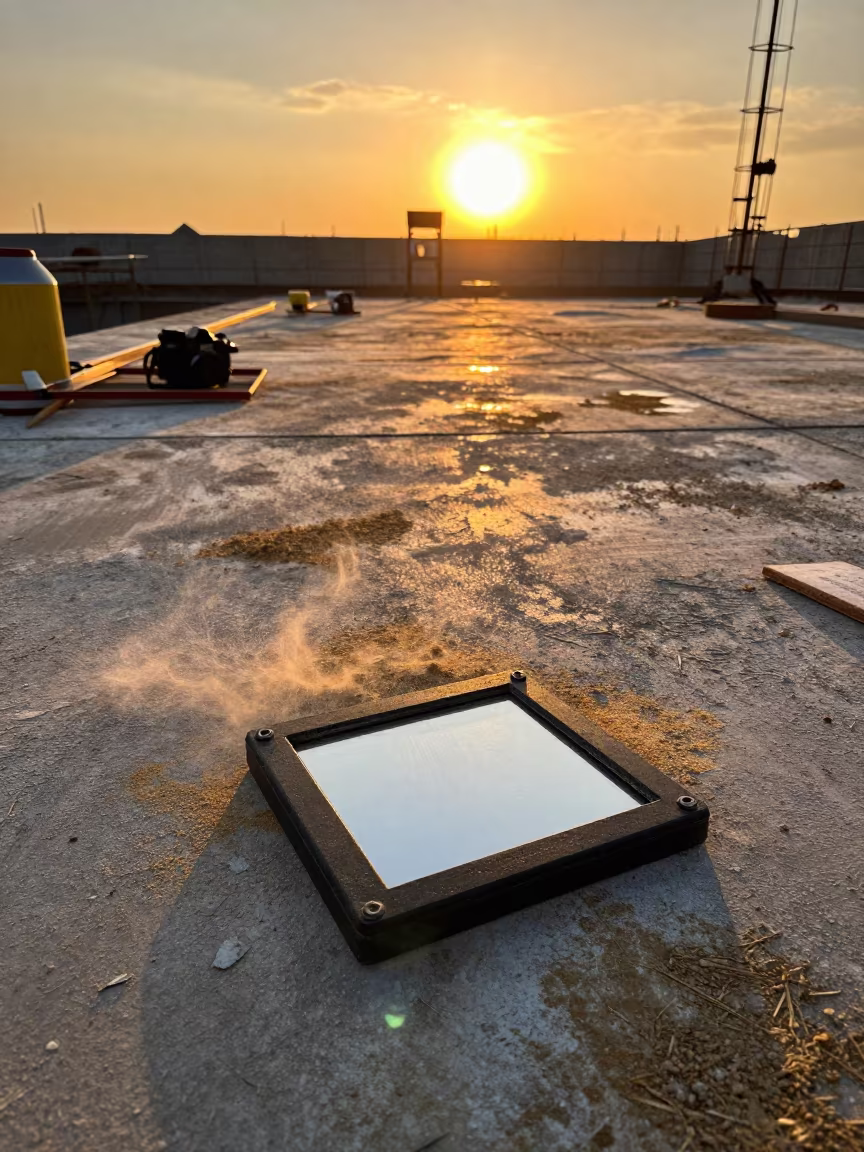 Amber Sunset Firestop Mirror Tray on Baku Construction Deck in on an active construction deck near Baku