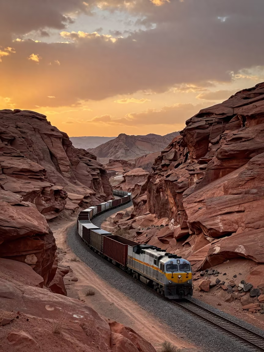 Amber Sunset Freight Train Iran Canyon Switchback in along a switchback approach in Iran