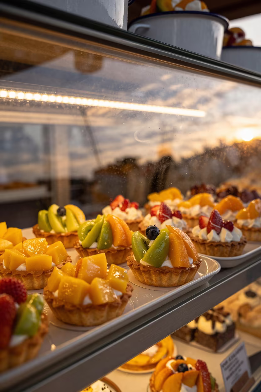 Amber Sunset Fruit Tarts Bakery Diani Beach in in a bakery display case in Diani Beach