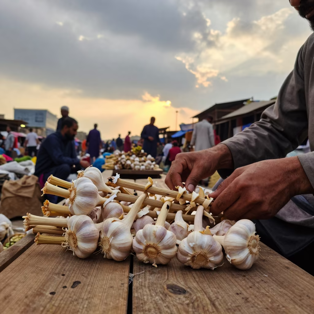 Amber Sunset Garlic Braids Mirpur Market Bench in at a flower auction bench in Mirpur