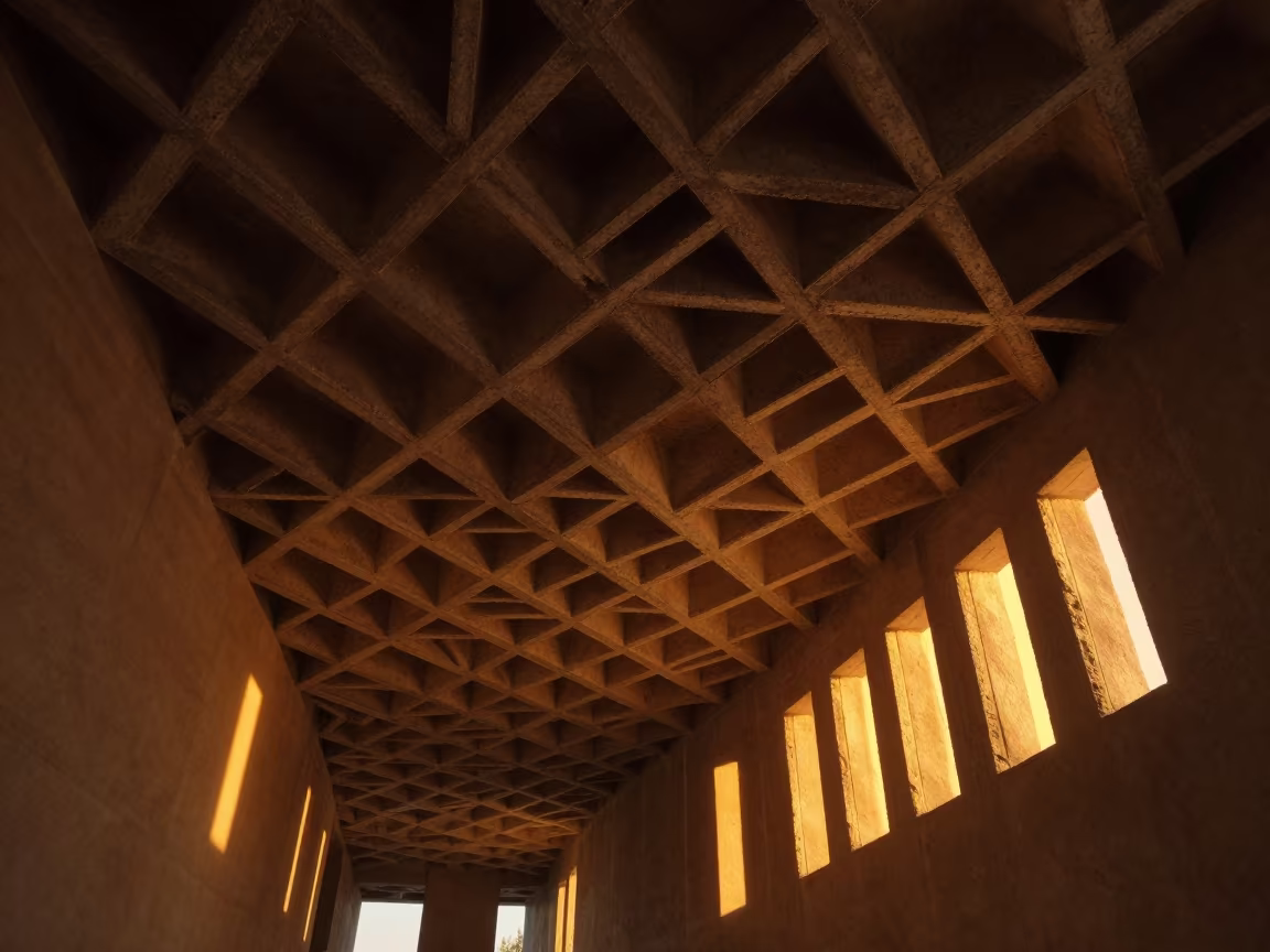 Amber Sunset Geometric Concrete Ceiling Pattern in inside a skylit passageway in Shymkent