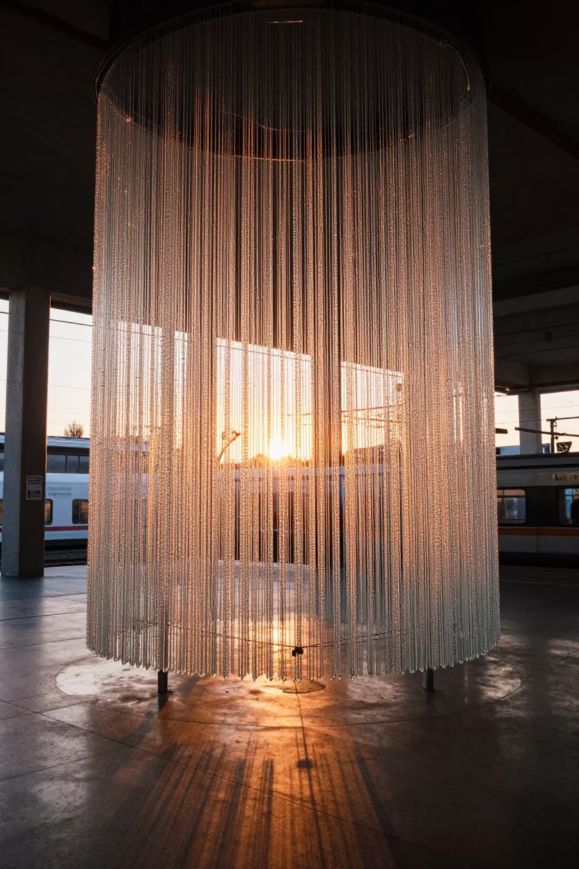 Amber Sunset Light Through Glass Beads in Tampere Terminal in inside a restored train terminal in Tampere