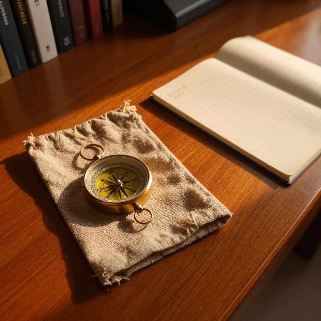 Amber Sunset Glow Over Linen Compass on Oak Desk in on a writing desk near Hohhot