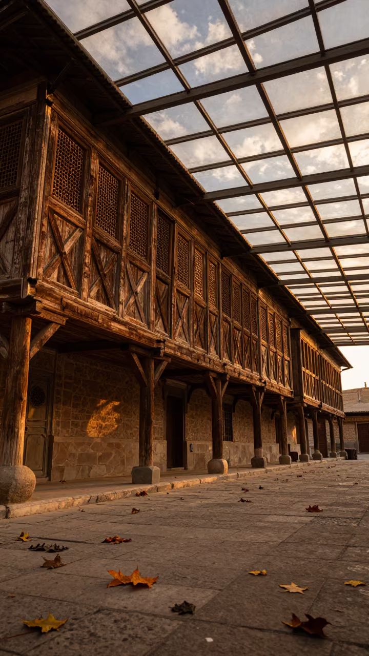 Amber Sunset Light on Half-Timbered Granary in inside a glass-roofed arcade near Sulaymaniyah