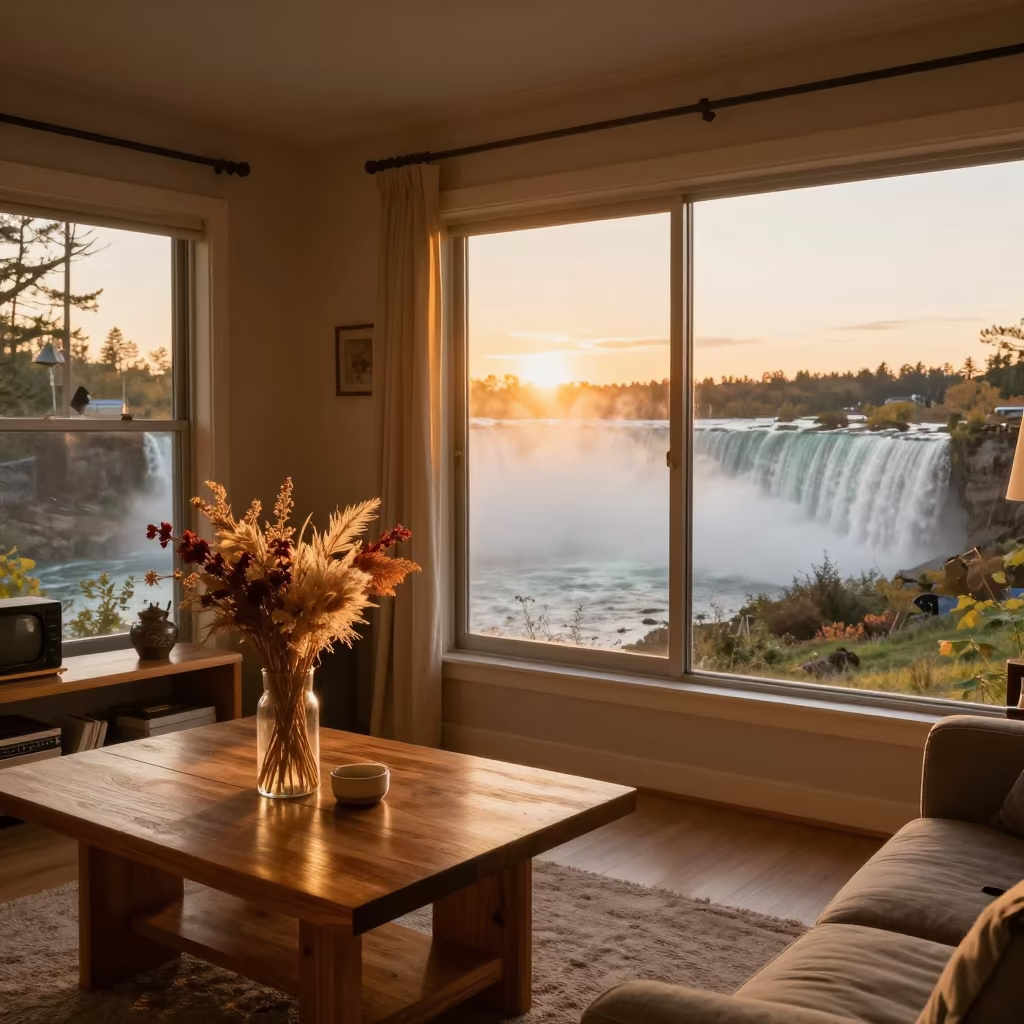 Amber Sunset Light on Hall Table and Dried Flowers in in a sunlit living room near Niagara Falls