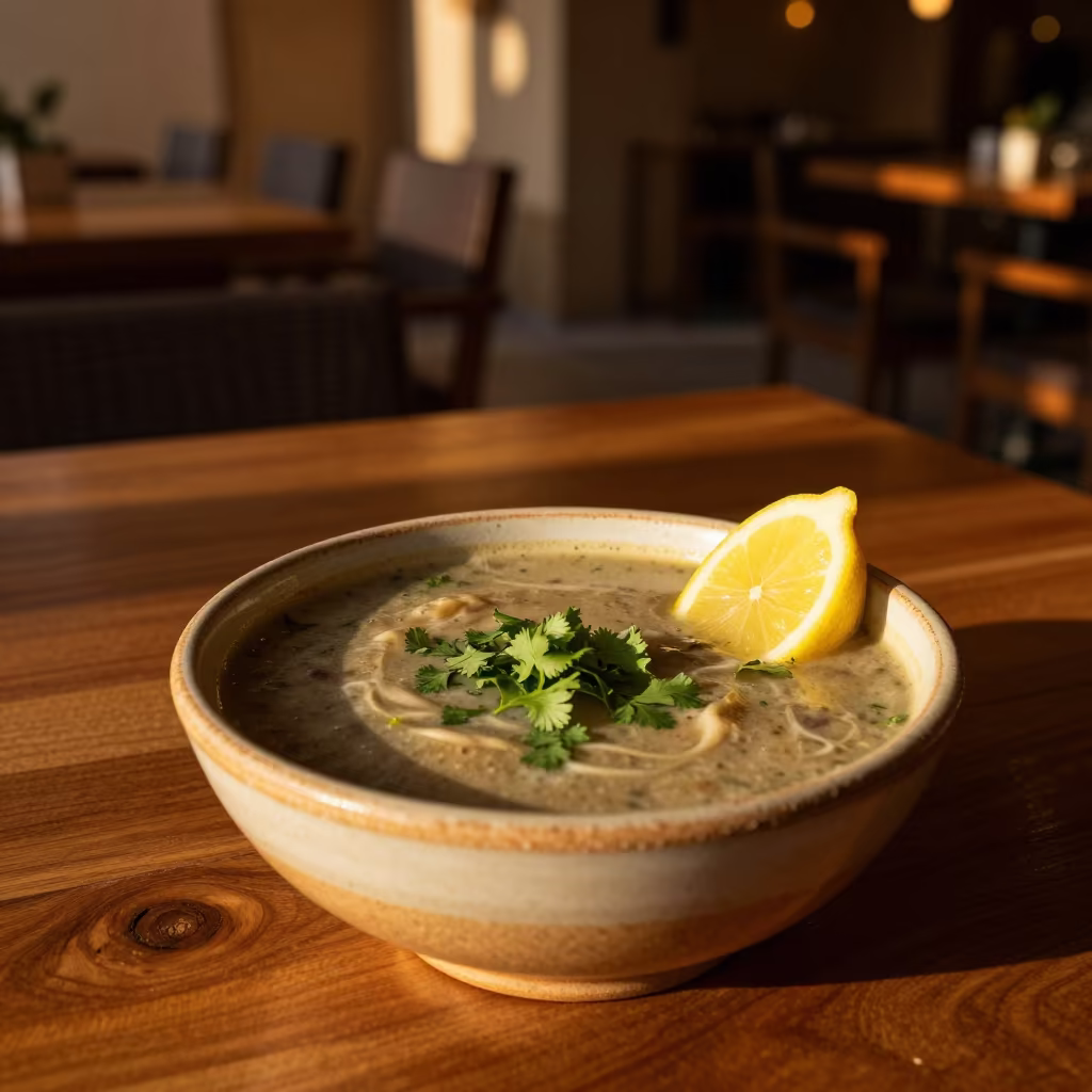 Amber Sunset Harira Bowl with Lemon in Riyadh in on a restaurant table in Riyadh