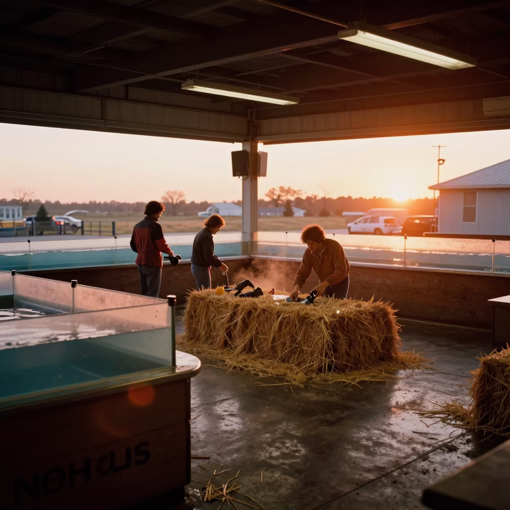 Amber Sunset Hay Cube Tote in Naples Fish Counter in inside a fish bagging counter zone in Naples