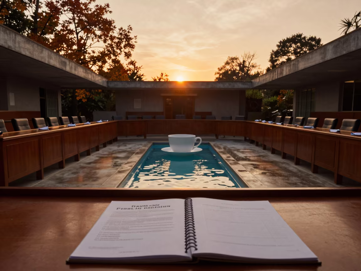 Amber Sunset Hearing Binder with Giant Teacup in in a community center hall near Taoyuan