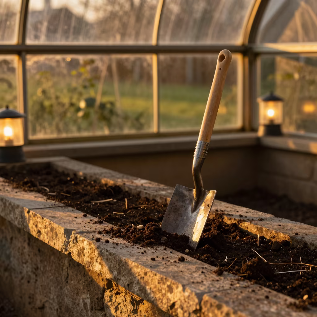 Amber Sunset Hoe on Stone Potting Bench in on a stone ledge in Charlotte