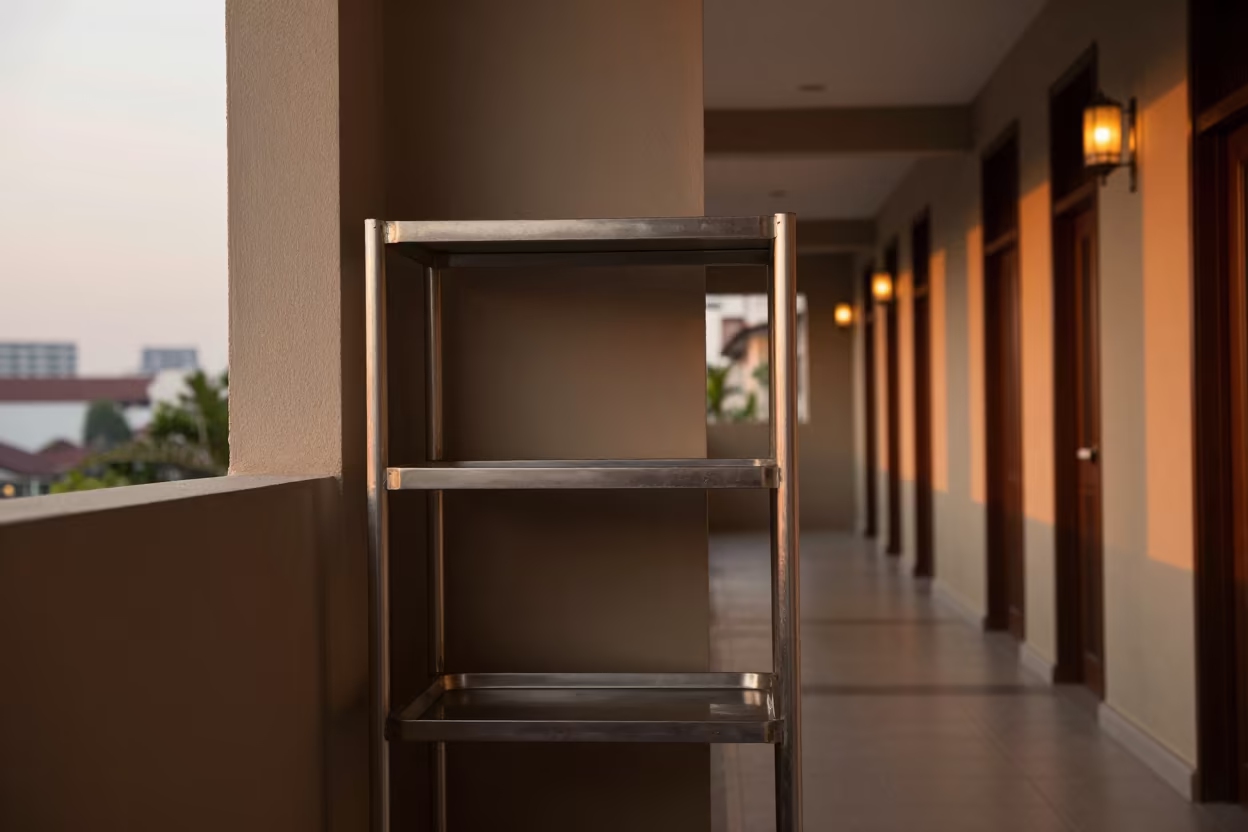 Amber Sunset Hotel Corridor Tray Return Shelf in in a quiet guest corridor near Kuala Lumpur