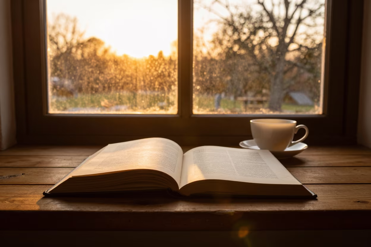 Amber Sunset Journal and Tea on Windowseat in on a window seat in Concordia