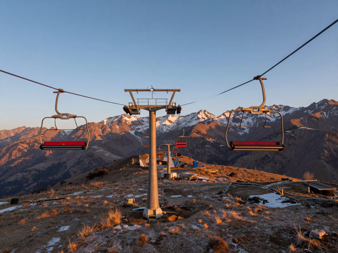 Amber Sunset Light on Kashmir Ski Chair Lift in on a wind-open causeway in Kashmir