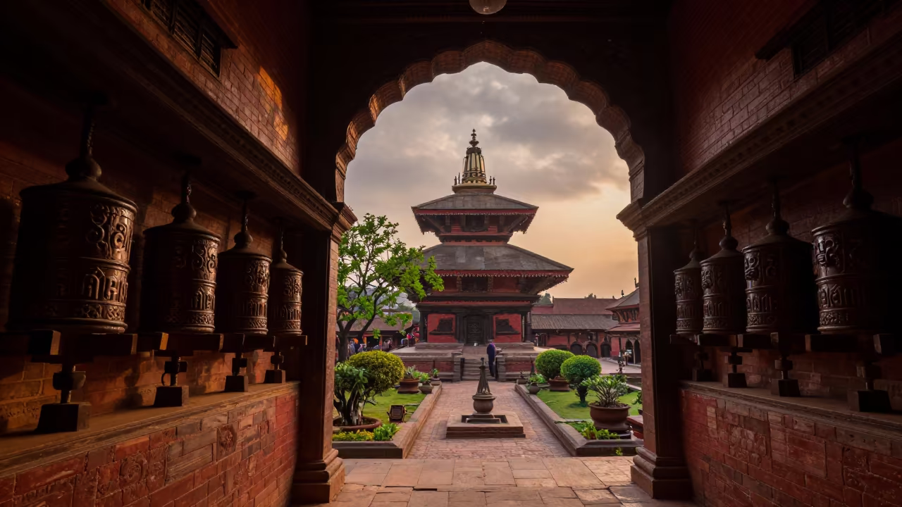 Amber Sunset Light on Kathmandu Cathedral Spire in beside a prayer wheel corridor in Durbar Square, Kathmandu