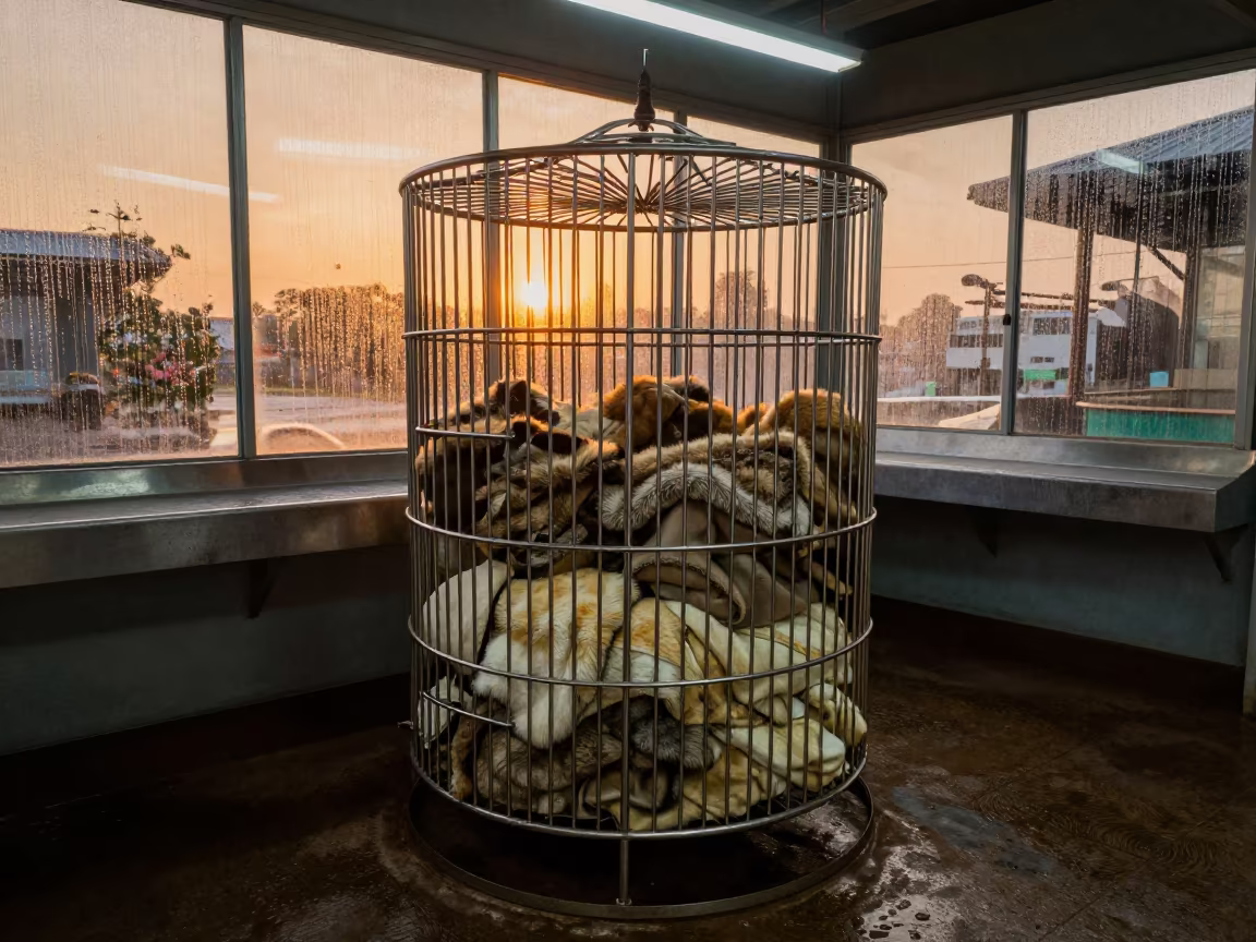 Amber Sunset Laundry Cage in Kinshasa Fish Bagging Zone in inside a fish bagging counter zone in Kinshasa