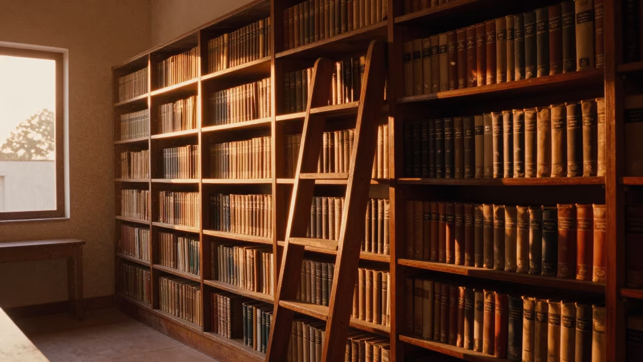 Amber Sunset Library Ladder Beside Old Encyclopedias Udaipur in inside a campus library reading room near Udaipur