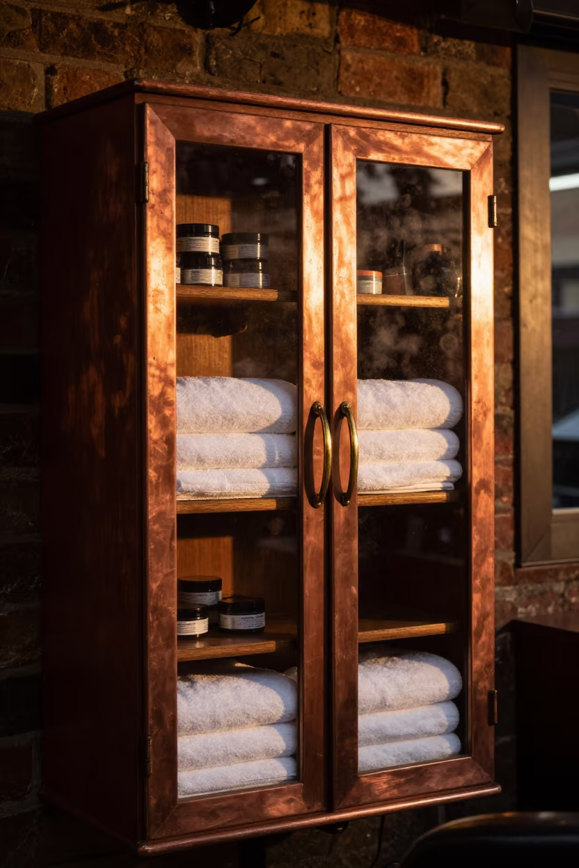 Amber Sunset Light on Barber Cabinet in inside a salon row in Newcastle